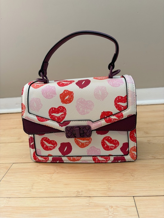 Aldo Handbags - Aldo White Lip-Print Top Handle Crossbody with Maroon Trim